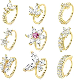 ORAZIO 9pcs 20G Nose Rings Hoops for Women - Surgical Steel Paved CZ Cartilage Earring Hoop Cute Butterfly Flower Nose Piercing Jewelry - Silver, Gold, Black, Rose Gold