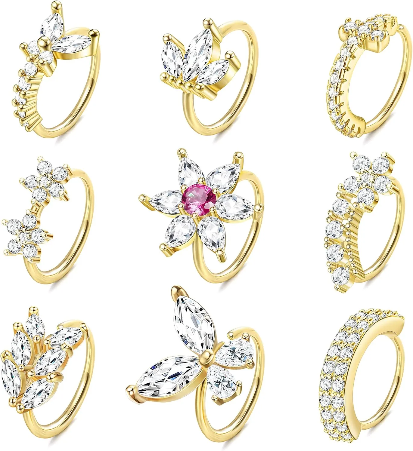 ORAZIO 9pcs 20G Nose Rings Hoops for Women - Surgical Steel Paved CZ Cartilage Earring Hoop Cute Butterfly Flower Nose Piercing Jewelry - Silver, Gold, Black, Rose Gold