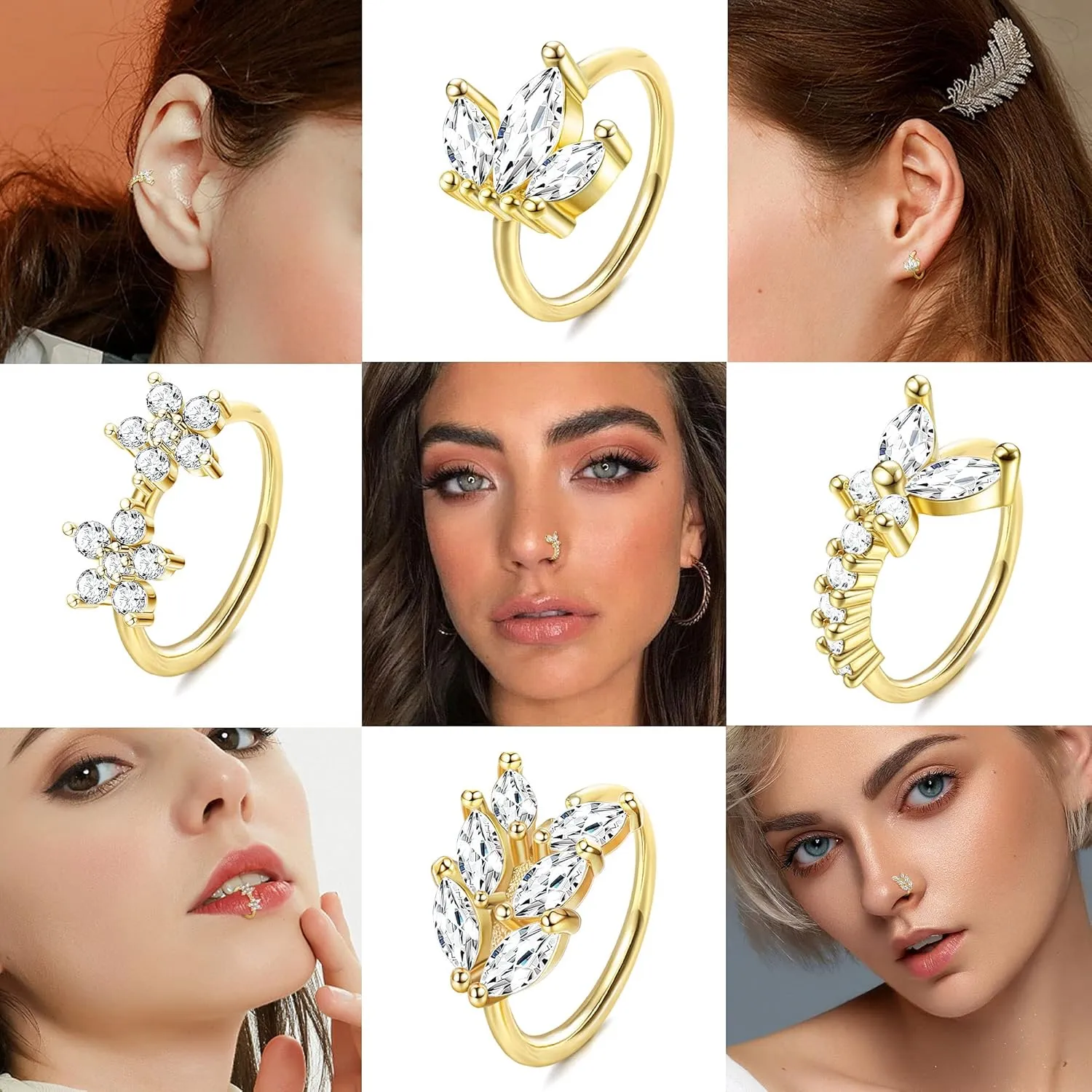 ORAZIO 9pcs 20G Nose Rings Hoops for Women - Surgical Steel Paved CZ Cartilage Earring Hoop Cute Butterfly Flower Nose Piercing Jewelry - Silver, Gold, Black, Rose Gold
