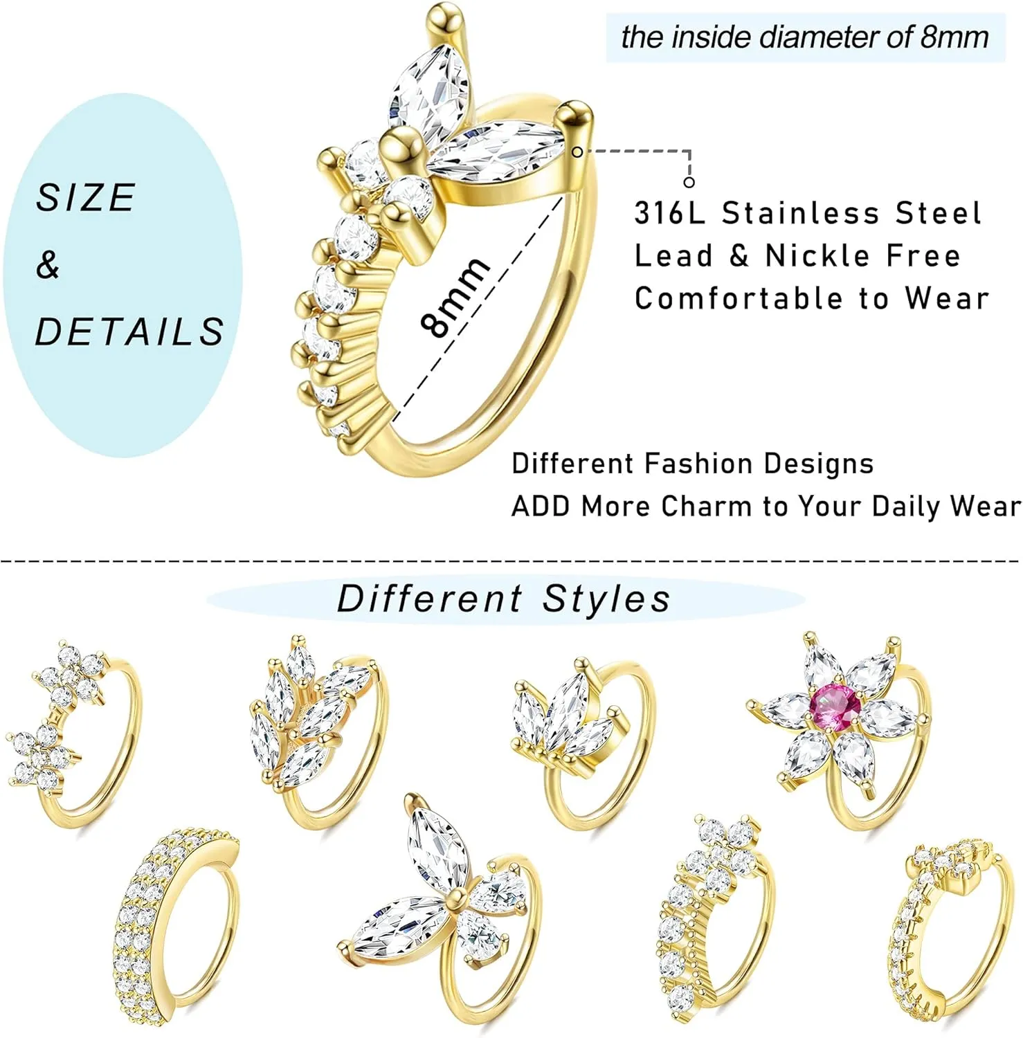 ORAZIO 9pcs 20G Nose Rings Hoops for Women - Surgical Steel Paved CZ Cartilage Earring Hoop Cute Butterfly Flower Nose Piercing Jewelry - Silver, Gold, Black, Rose Gold