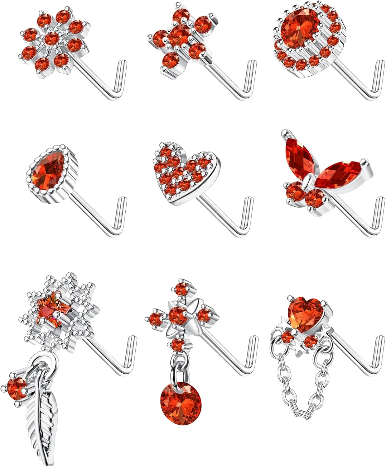 ORAZIO 9Pcs 20G Nose Rings Studs for Women Stainless Steel Nose Stud L Shaped Cute Dangle Nose Rings Butterfly Heart Star Feather Flower CZ L Shaped Nose Ring Studs Silver Dangling Nose Piercing Jewerly