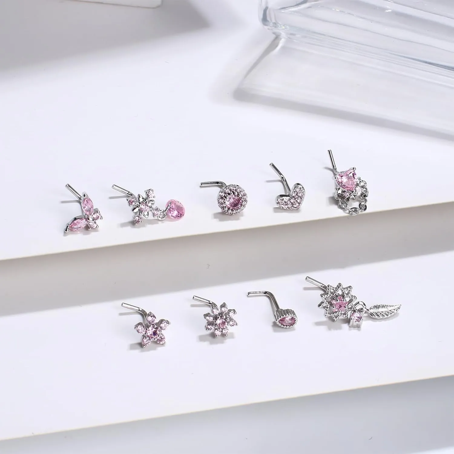 ORAZIO 9Pcs 20G Nose Rings Studs for Women Stainless Steel Nose Stud L Shaped Cute Dangle Nose Rings Butterfly Heart Star Feather Flower CZ L Shaped Nose Ring Studs Silver Dangling Nose Piercing Jewerly