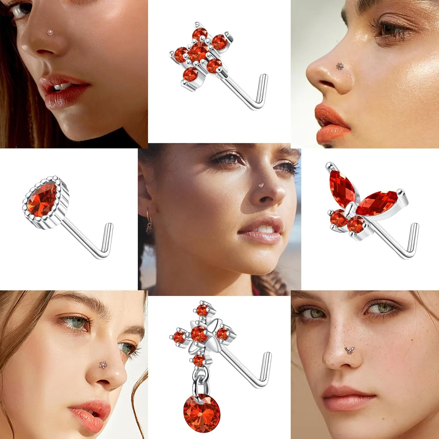 ORAZIO 9Pcs 20G Nose Rings Studs for Women Stainless Steel Nose Stud L Shaped Cute Dangle Nose Rings Butterfly Heart Star Feather Flower CZ L Shaped Nose Ring Studs Silver Dangling Nose Piercing Jewerly