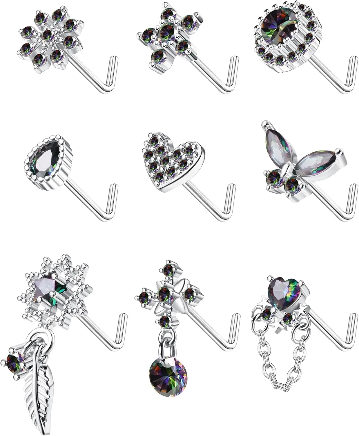 ORAZIO 9Pcs 20G Nose Rings Studs for Women Stainless Steel Nose Stud L Shaped Cute Dangle Nose Rings Butterfly Heart Star Feather Flower CZ L Shaped Nose Ring Studs Silver Dangling Nose Piercing Jewerly