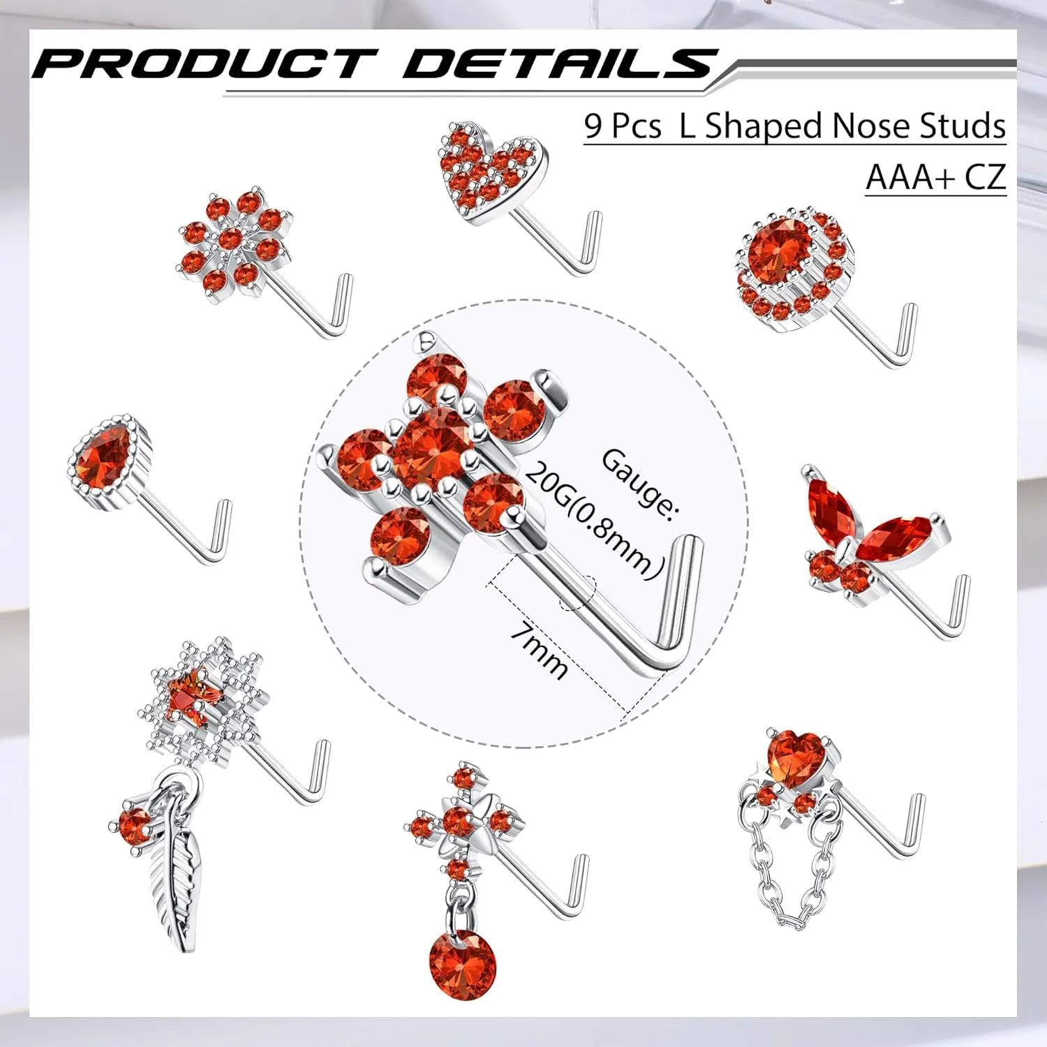 ORAZIO 9Pcs 20G Nose Rings Studs for Women Stainless Steel Nose Stud L Shaped Cute Dangle Nose Rings Butterfly Heart Star Feather Flower CZ L Shaped Nose Ring Studs Silver Dangling Nose Piercing Jewerly