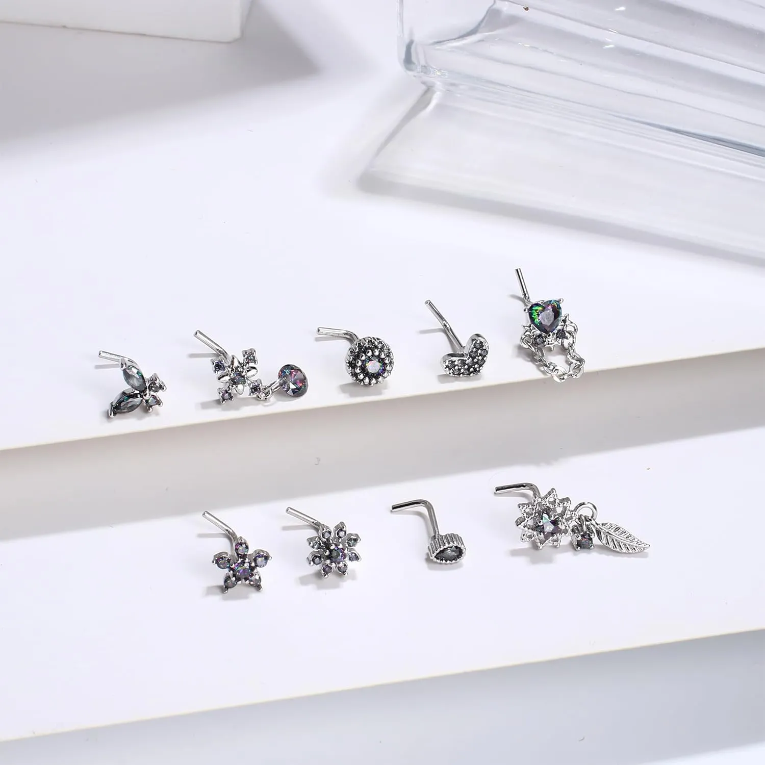 ORAZIO 9Pcs 20G Nose Rings Studs for Women Stainless Steel Nose Stud L Shaped Cute Dangle Nose Rings Butterfly Heart Star Feather Flower CZ L Shaped Nose Ring Studs Silver Dangling Nose Piercing Jewerly