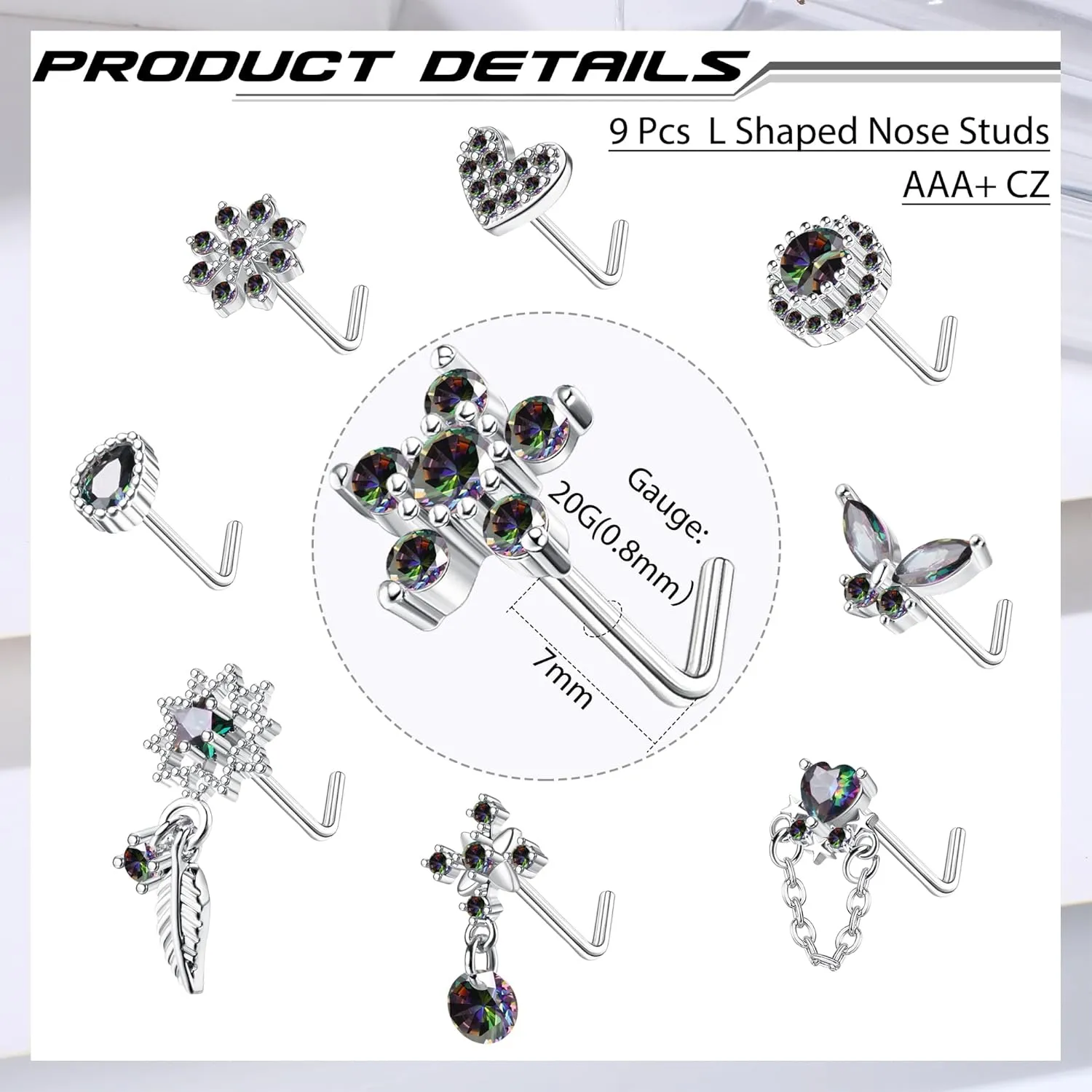 ORAZIO 9Pcs 20G Nose Rings Studs for Women Stainless Steel Nose Stud L Shaped Cute Dangle Nose Rings Butterfly Heart Star Feather Flower CZ L Shaped Nose Ring Studs Silver Dangling Nose Piercing Jewerly