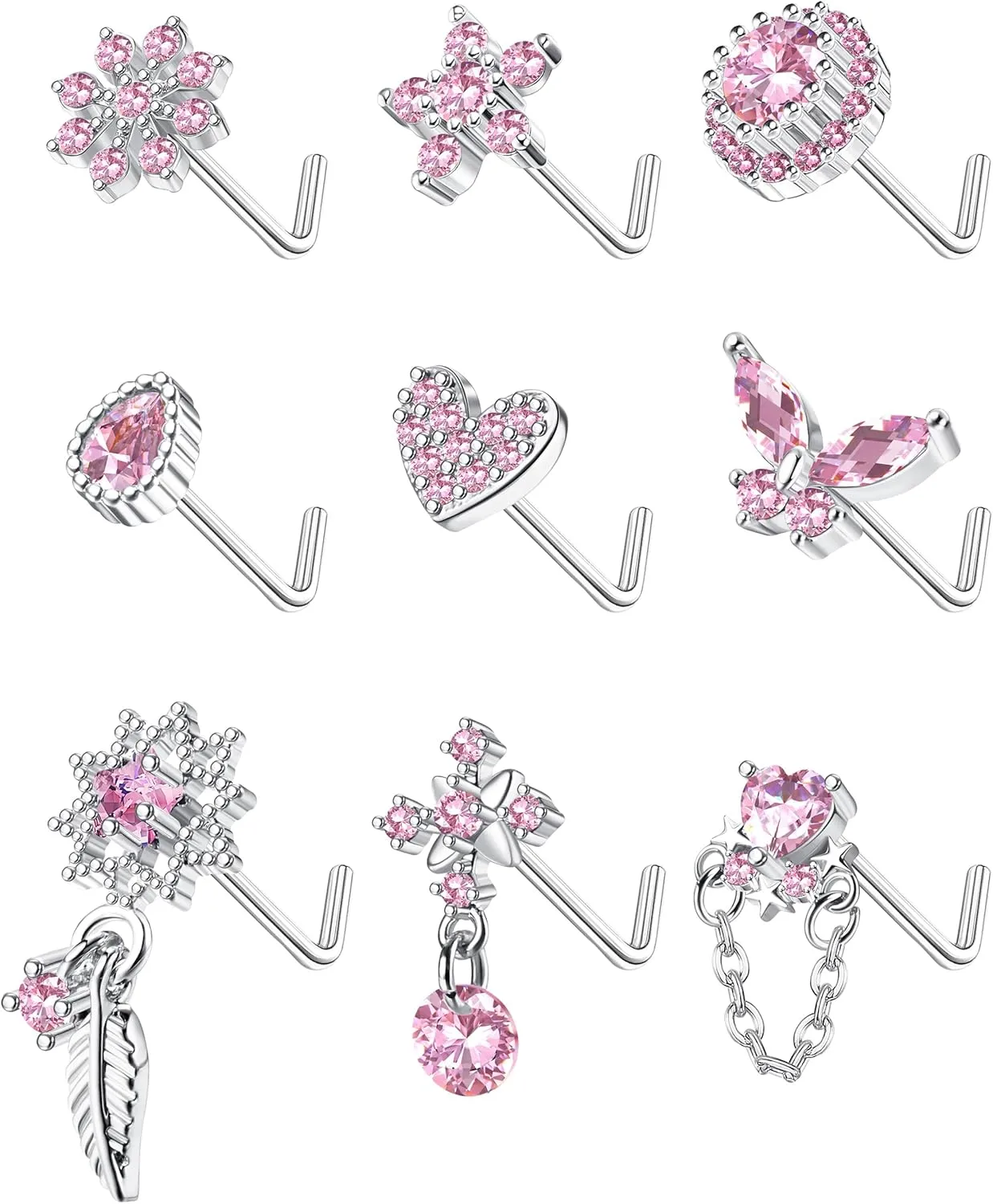ORAZIO 9Pcs 20G Nose Rings Studs for Women Stainless Steel Nose Stud L Shaped Cute Dangle Nose Rings Butterfly Heart Star Feather Flower CZ L Shaped Nose Ring Studs Silver Dangling Nose Piercing Jewerly