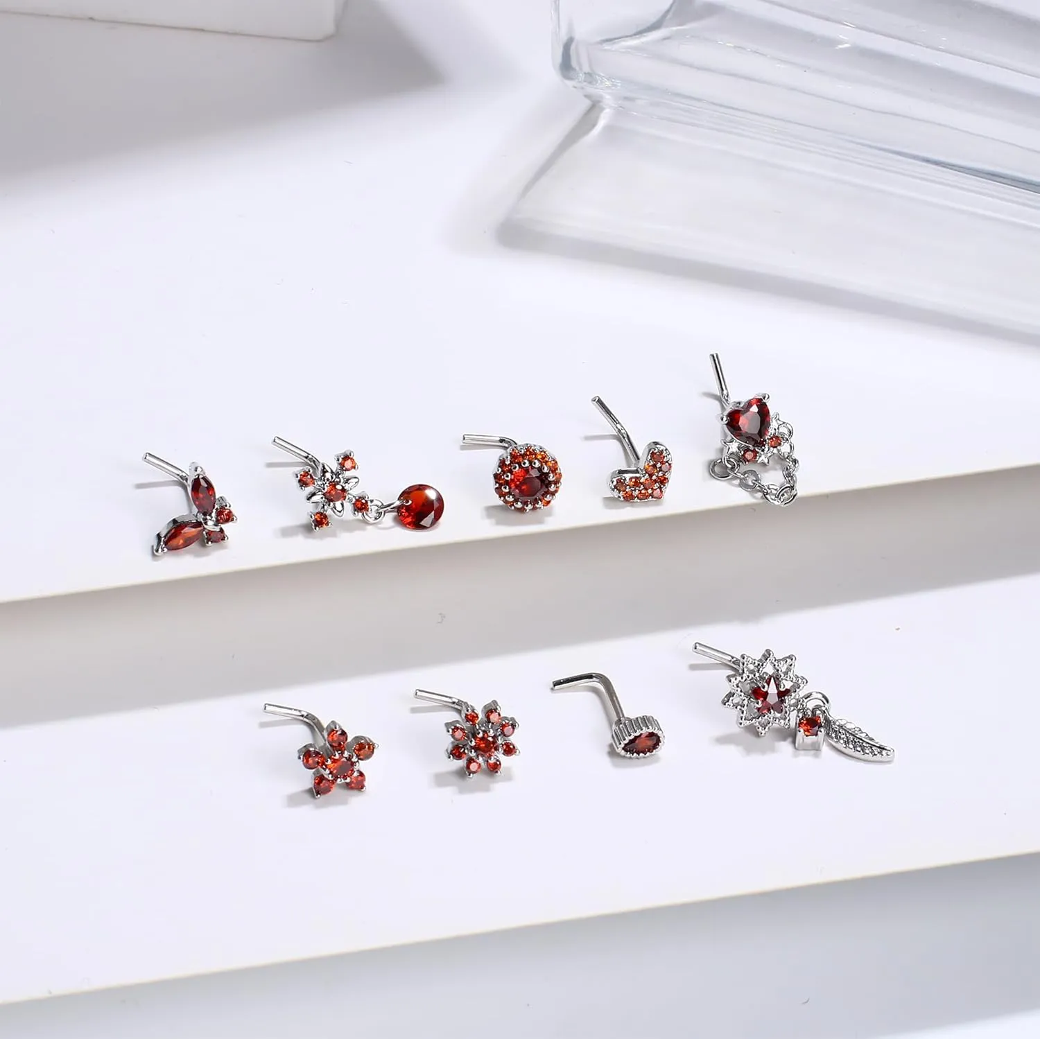 ORAZIO 9Pcs 20G Nose Rings Studs for Women Stainless Steel Nose Stud L Shaped Cute Dangle Nose Rings Butterfly Heart Star Feather Flower CZ L Shaped Nose Ring Studs Silver Dangling Nose Piercing Jewerly