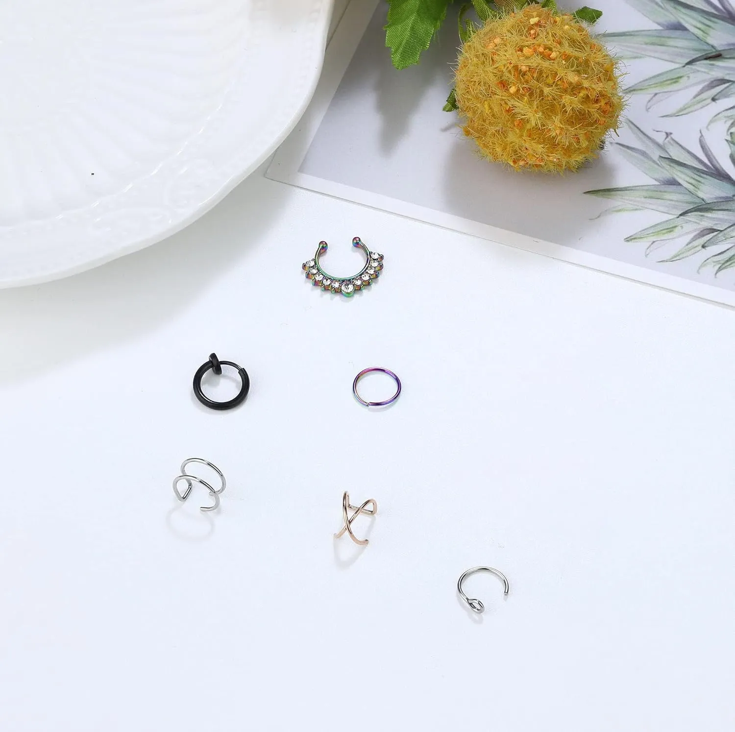 ORAZIO Fake Nose Ring - Stainless Steel Fake Nose Rings for Women Small Faux Septum Nose Ring Stud CZ Lip Ring Stud Nose Cuff Cartilage Earring Small Non Piercing Nose Ring Faux Piercing Jewelry