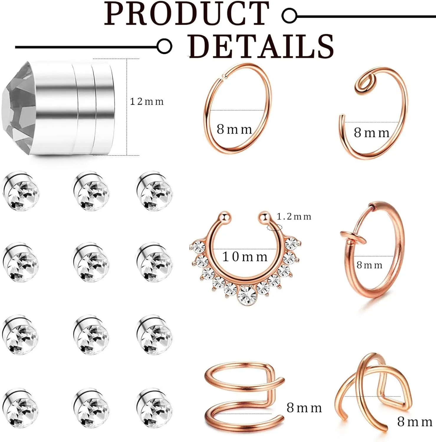 ORAZIO Fake Nose Ring - Stainless Steel Fake Nose Rings for Women Small Faux Septum Nose Ring Stud CZ Lip Ring Stud Nose Cuff Cartilage Earring Small Non Piercing Nose Ring Faux Piercing Jewelry