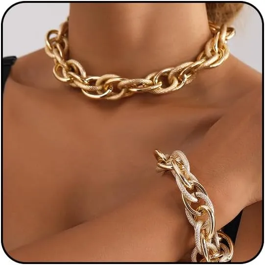 Otxas 14K Gold Chunky Necklace and Bracelets Set Gold Statement Necklace for Women Silver Chunky Necklace Fashion Punk Necklaces Cuban Chain Hip-hop Jewelry for