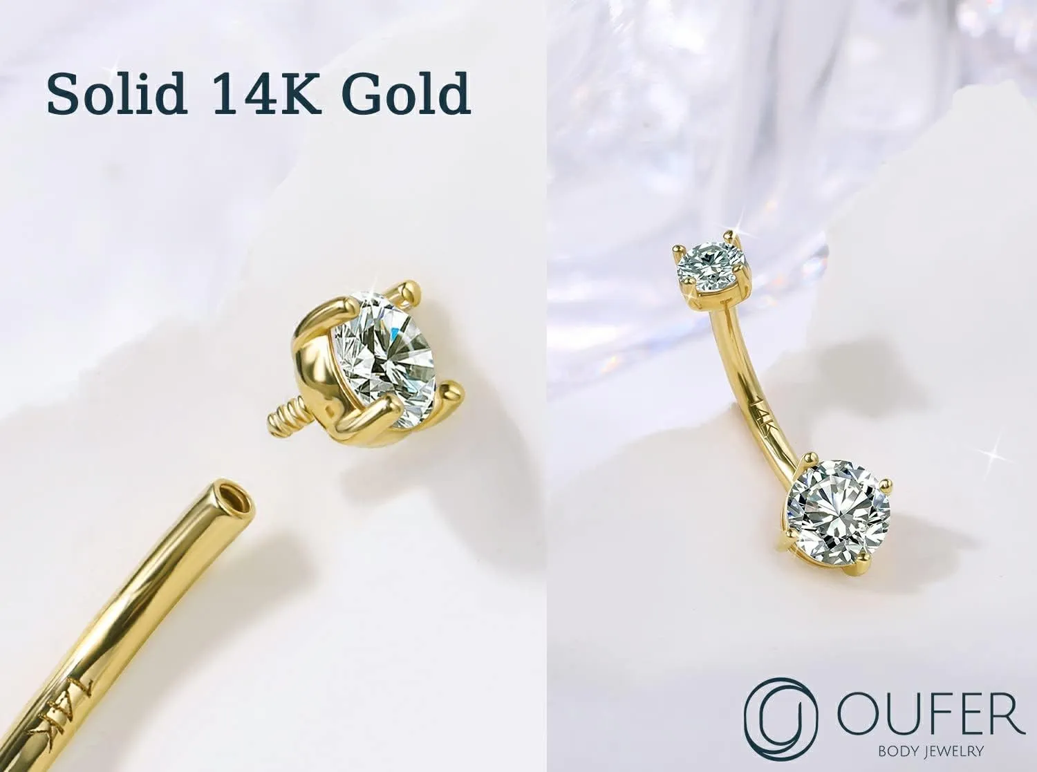 OUFER 14G Solid Gold Belly Button Rings Clear CZ Navel Ring Belly Button Piercing Navel Jewelry 14K Yellow/White Gold Belly Rings