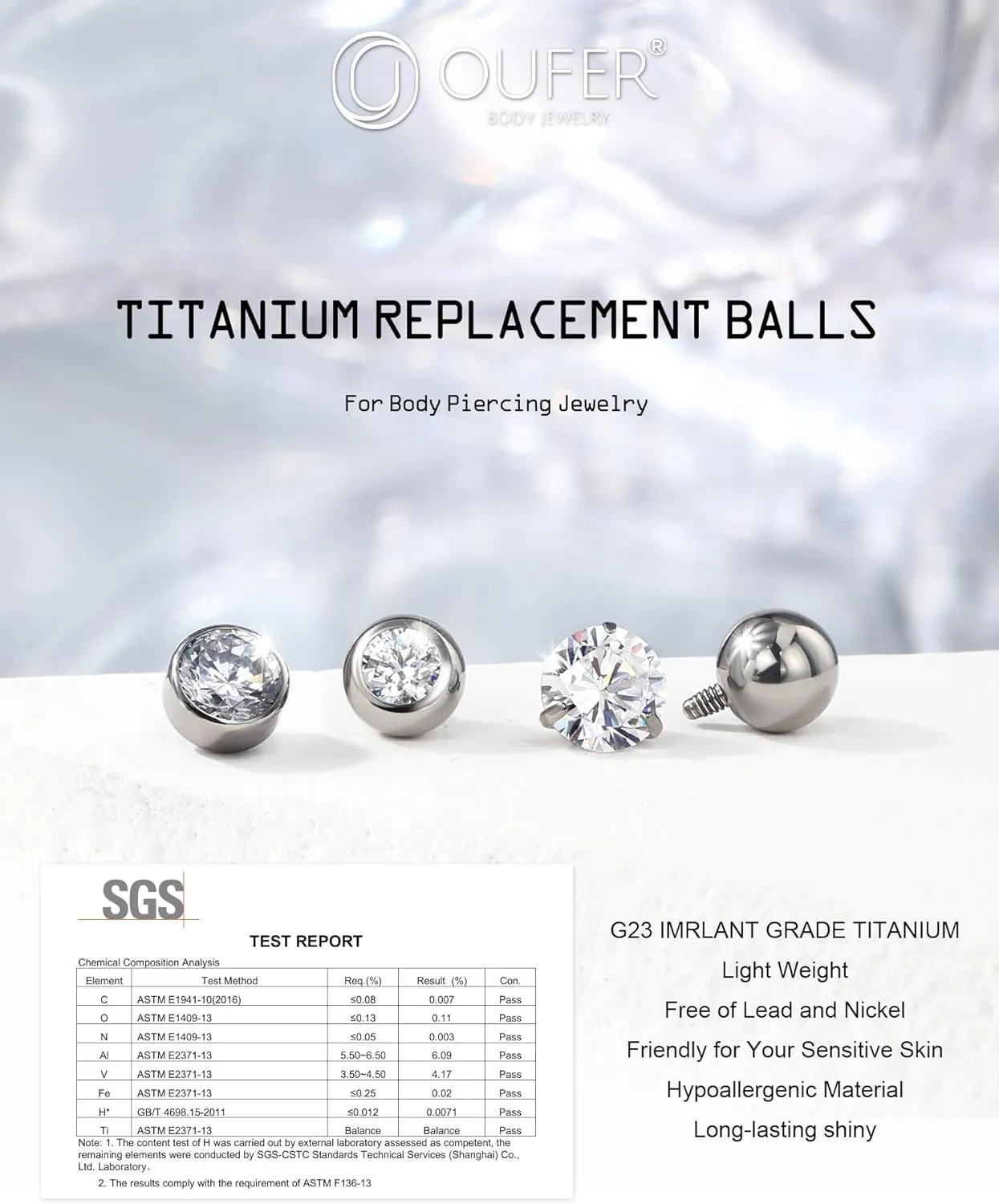 OUFER 2PCS Titanium 14G 5mm Internally Threaded Replacement Balls for Belly Button Rings, Clear CZ Gem for 1.6mm Barbells