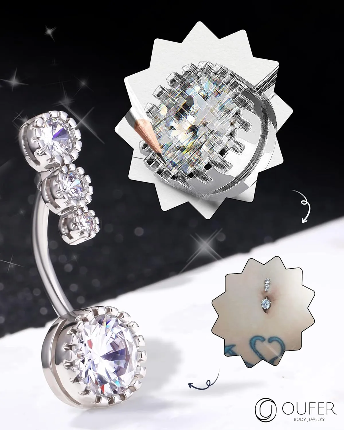 OUFER 316L Surgical Steel Belly Button Rings, Clear CZ Navel Rings, Belly Piercing Jewelry