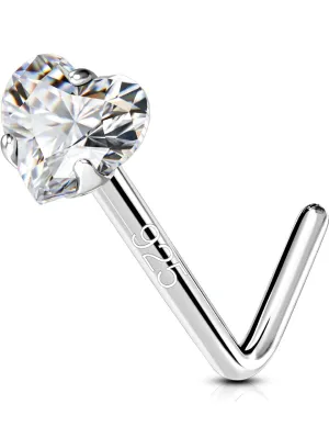 OUFER 925 Sterling Silver Nose Studs, L Shaped Nose Rings Studs, 20G Nostril Solid 3mm Heart CZ Nose Piercing Jewelry, Nose Studs For Women Men (L - 3mm Heart)