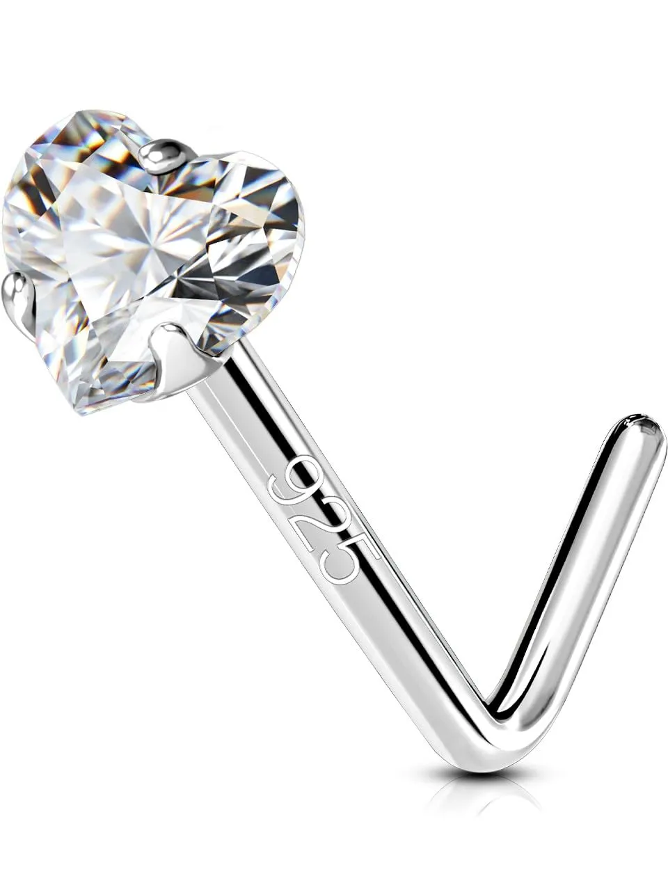 OUFER 925 Sterling Silver Nose Studs, L Shaped Nose Rings Studs, 20G Nostril Solid 3mm Heart CZ Nose Piercing Jewelry, Nose Studs For Women Men (L - 3mm Heart)