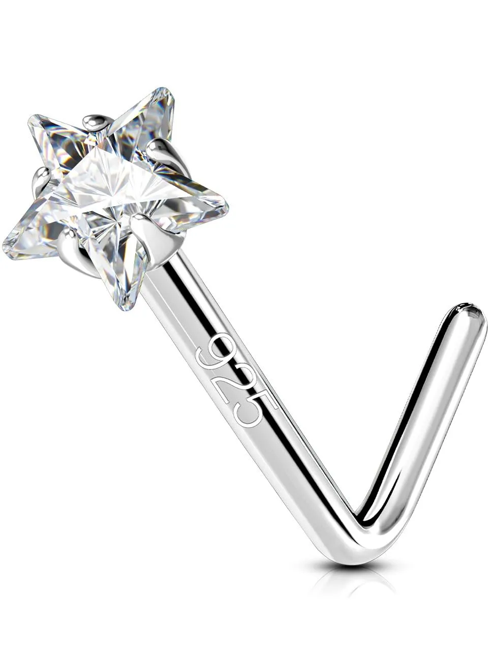 OUFER 925 Sterling Silver Nose Studs, L Shaped Nose Rings Studs, 20G Nostril Solid 3mm Star CZ Nose Piercing Jewelry, Nose Studs For Women Men (L - 3mm Star)
