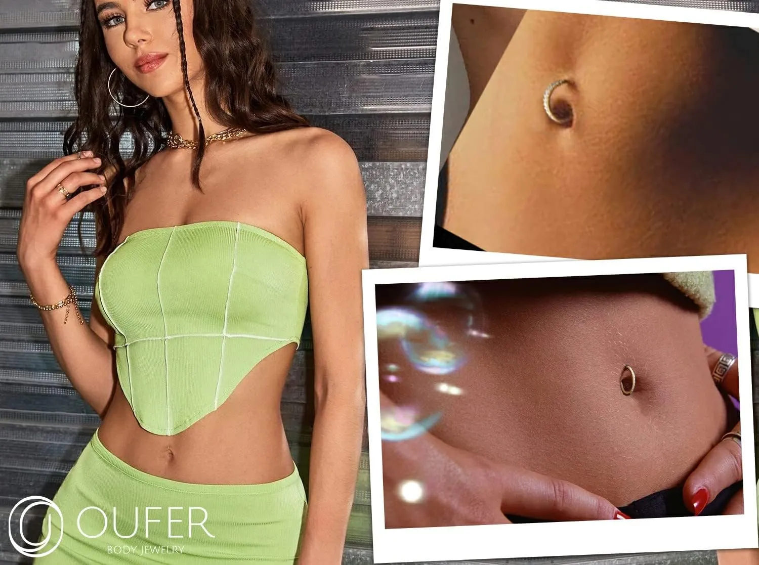 OUFER Belly Button Rings - 14G Surgical Steel Hoop Jewelry, Clear CZ Paved Belly Hoops