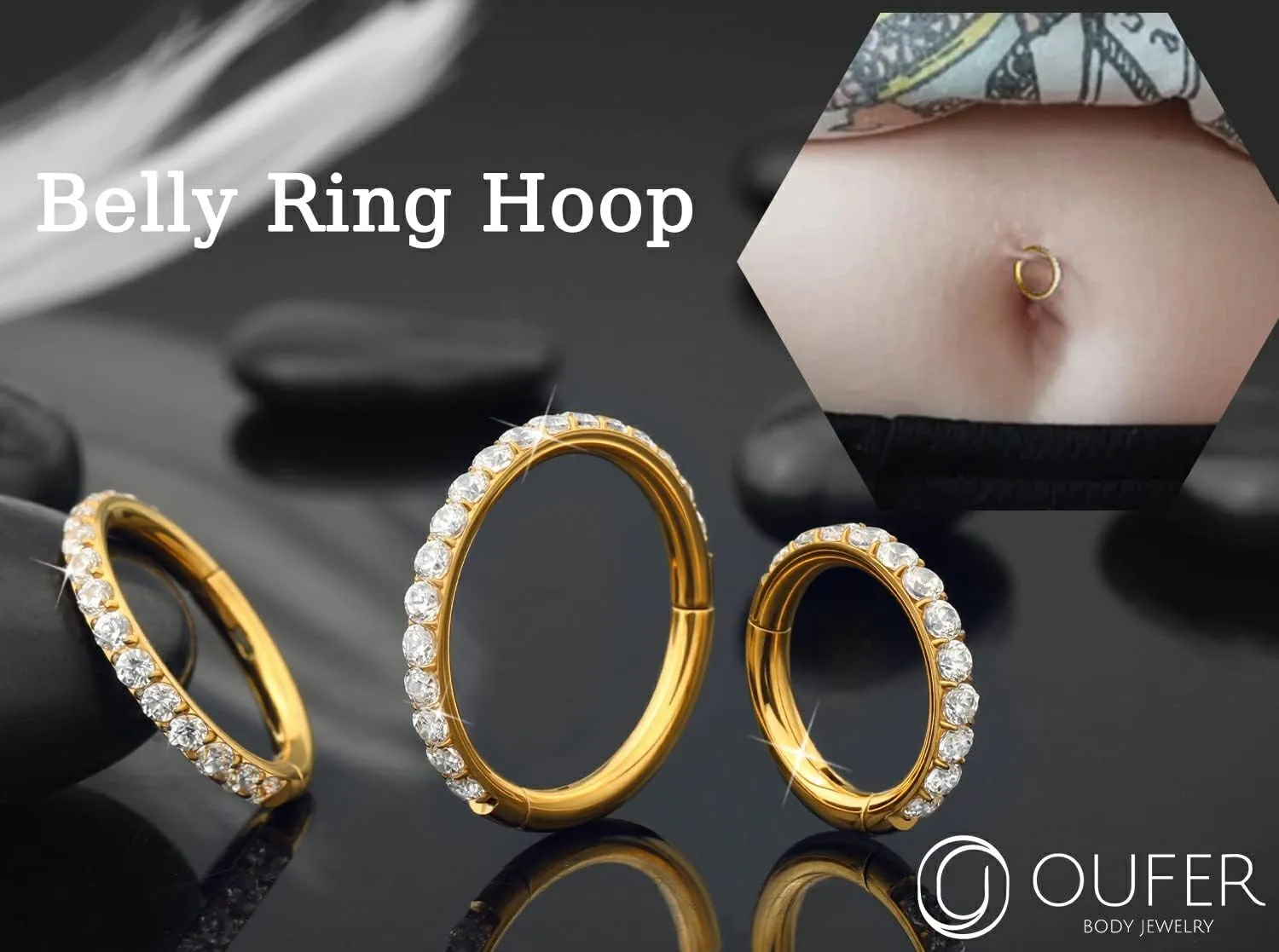 OUFER Belly Button Rings - 14G Surgical Steel Hoop Jewelry, Clear CZ Paved Belly Hoops