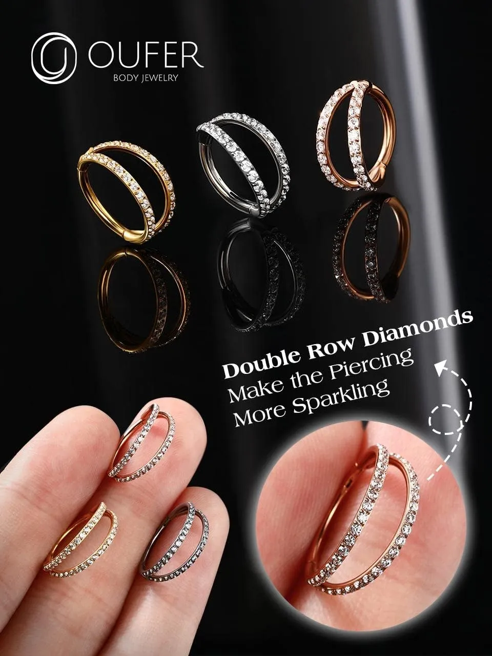 OUFER Helix Piercing Jewelry,16G Surgical Steel Helix Hoop Earrings, Cartilage Tragus Rook Piercing Jewelry, Double Row Diamonds Lip Labret Rings Hoop for Women Men