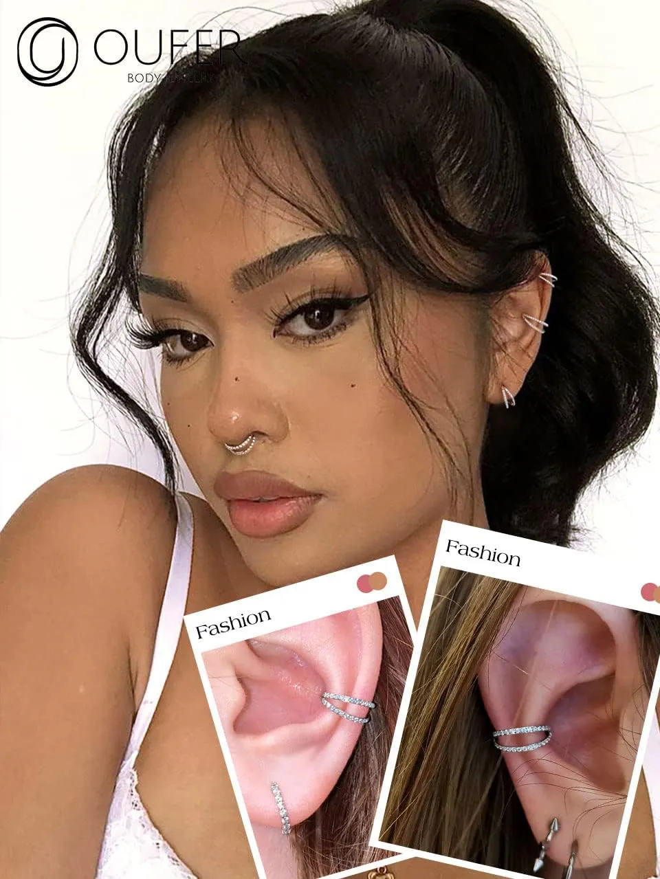 OUFER Helix Piercing Jewelry,16G Surgical Steel Helix Hoop Earrings, Cartilage Tragus Rook Piercing Jewelry, Double Row Diamonds Lip Labret Rings Hoop for Women Men