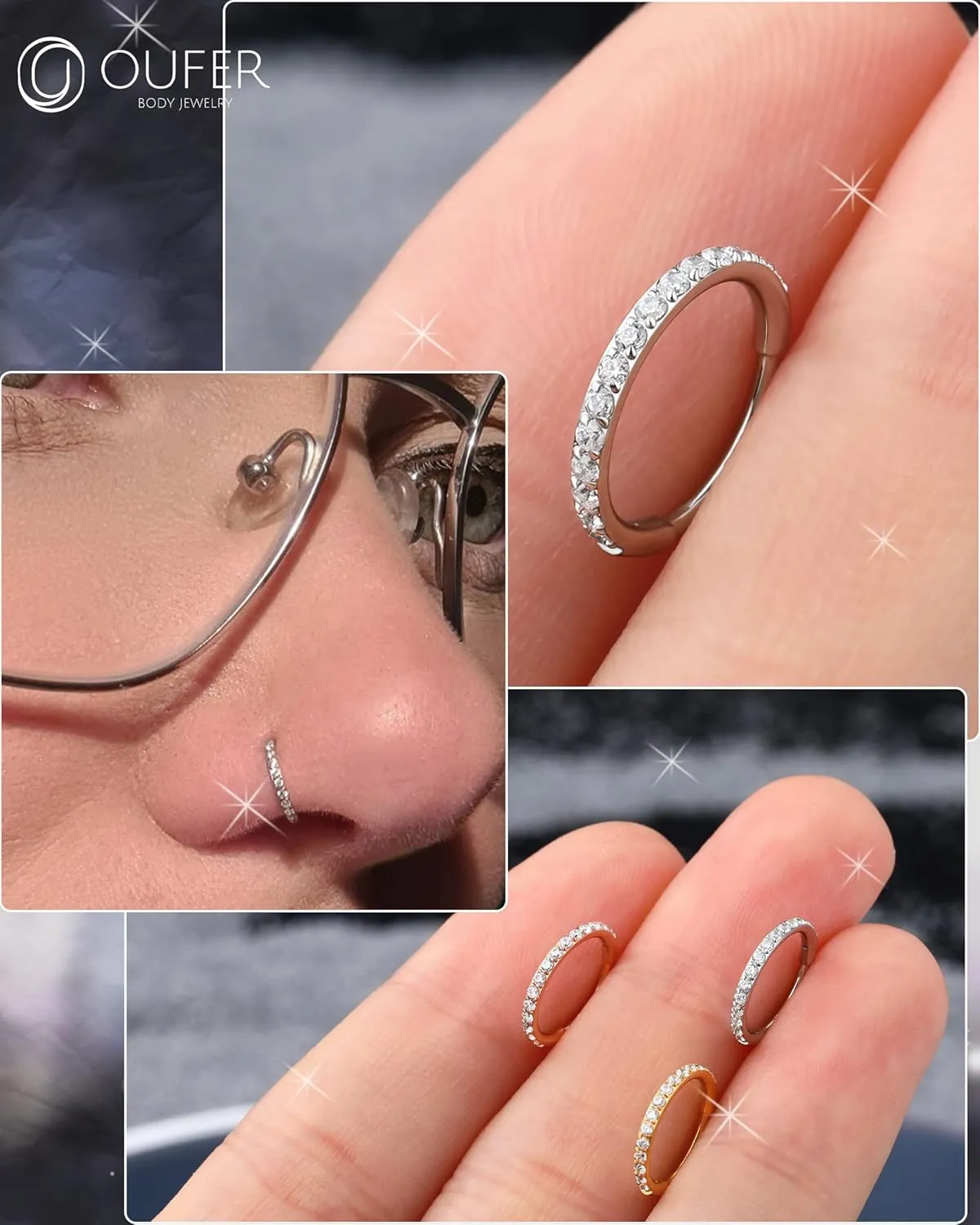 OUFER Nose Rings Surgical Steel Cartilage Earrings Tragus 316L Stainless Steel Helix Earrings Cartilage Earring 14G/16G/18G/20G Hinged Segment Rings Hoop