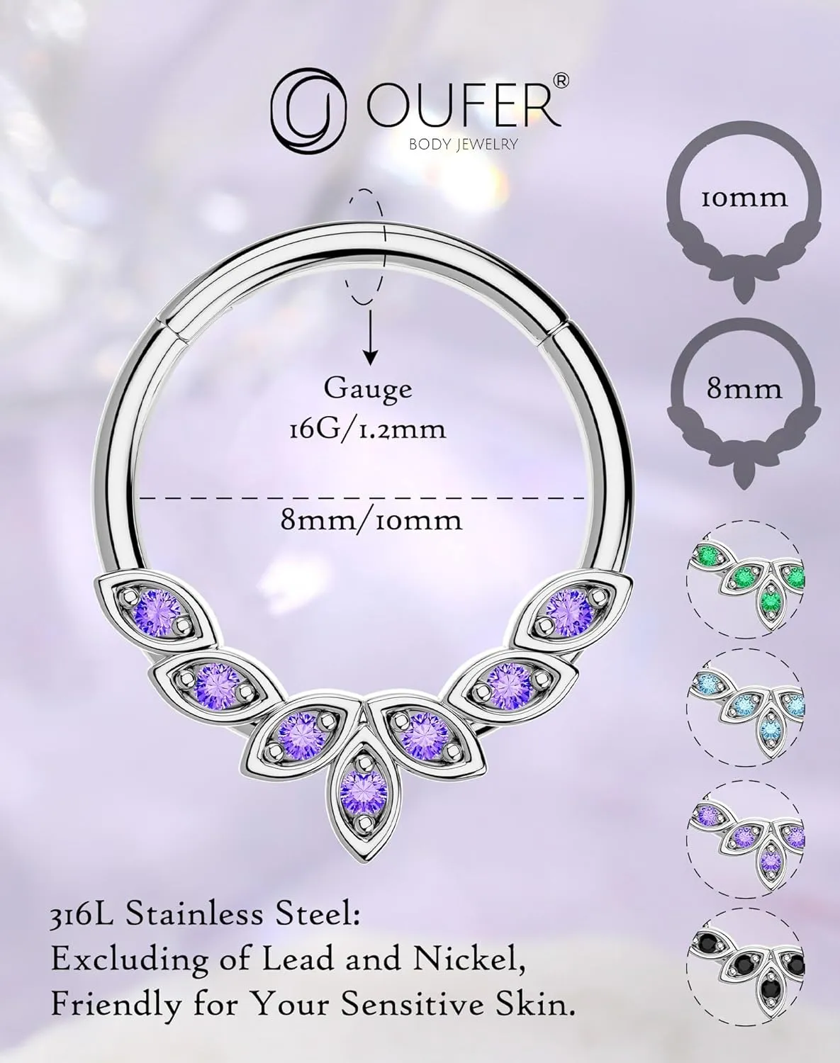 OUFER Septum Rings 16G, 316L Stainless Steel Septum Rings Hoops, Cluster CZ Hinged Segment Daith Helix Piercing Jewelry For Women And Men