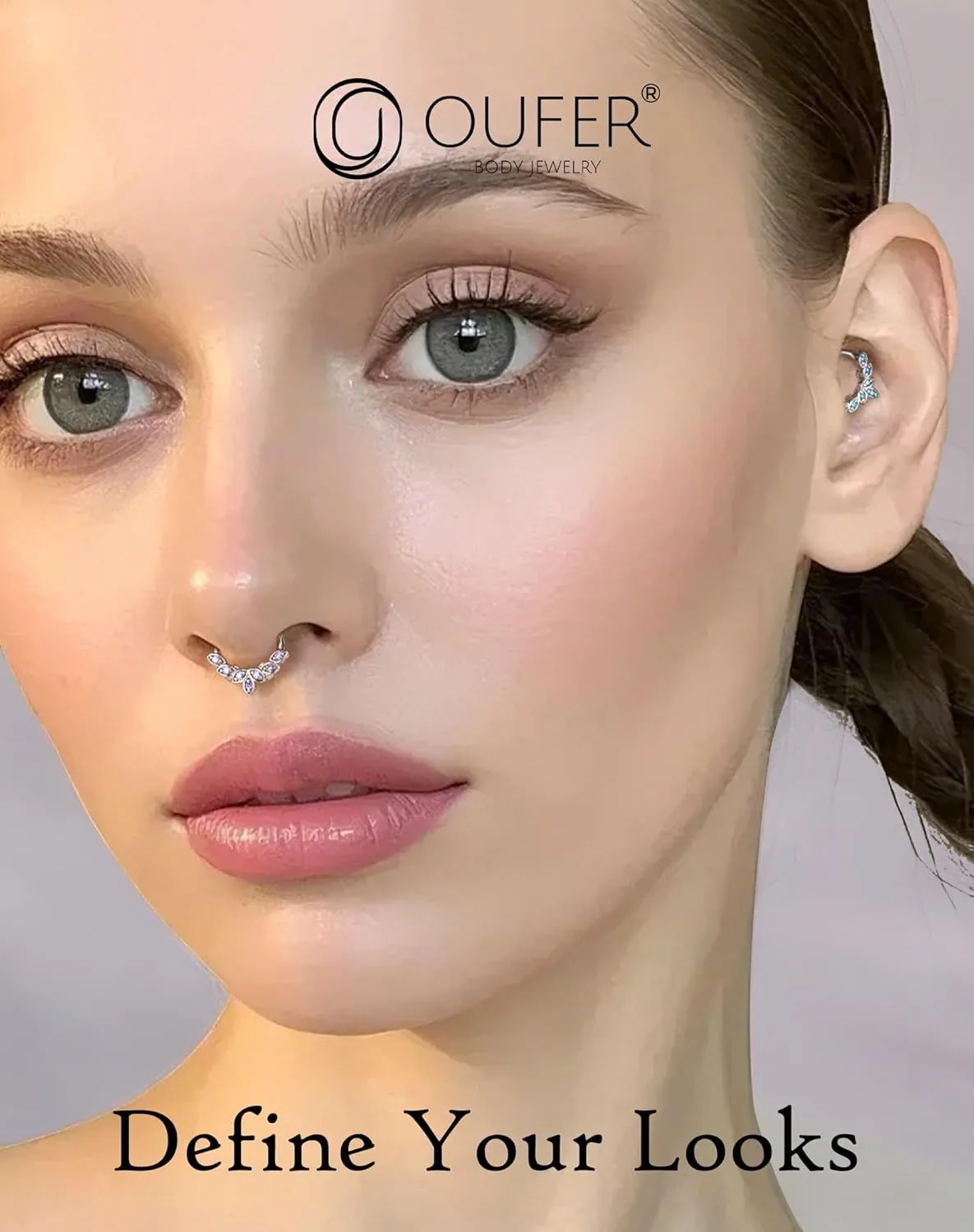 OUFER Septum Rings 16G, 316L Stainless Steel Septum Rings Hoops, Cluster CZ Hinged Segment Daith Helix Piercing Jewelry For Women And Men