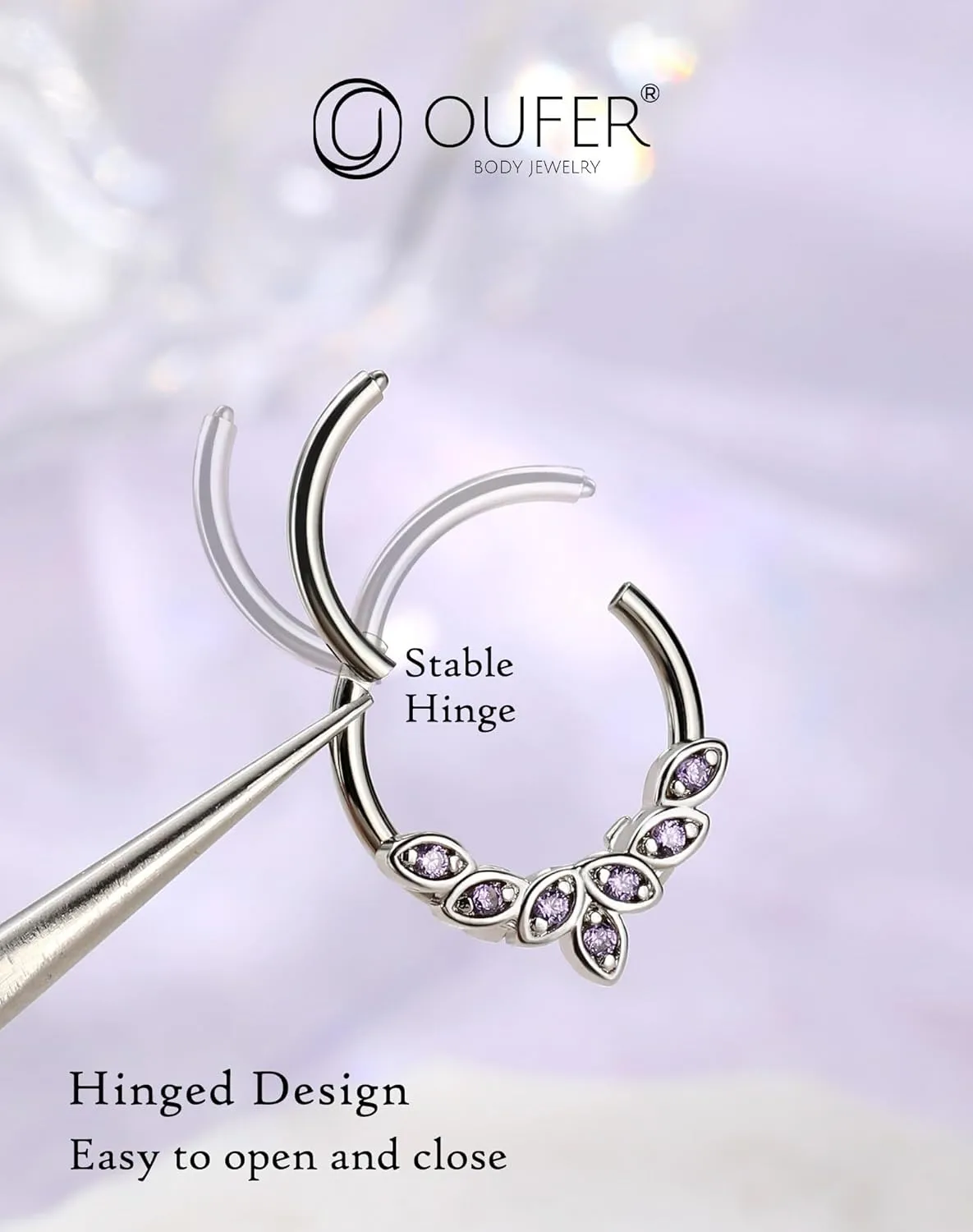 OUFER Septum Rings 16G, 316L Stainless Steel Septum Rings Hoops, Cluster CZ Hinged Segment Daith Helix Piercing Jewelry For Women And Men