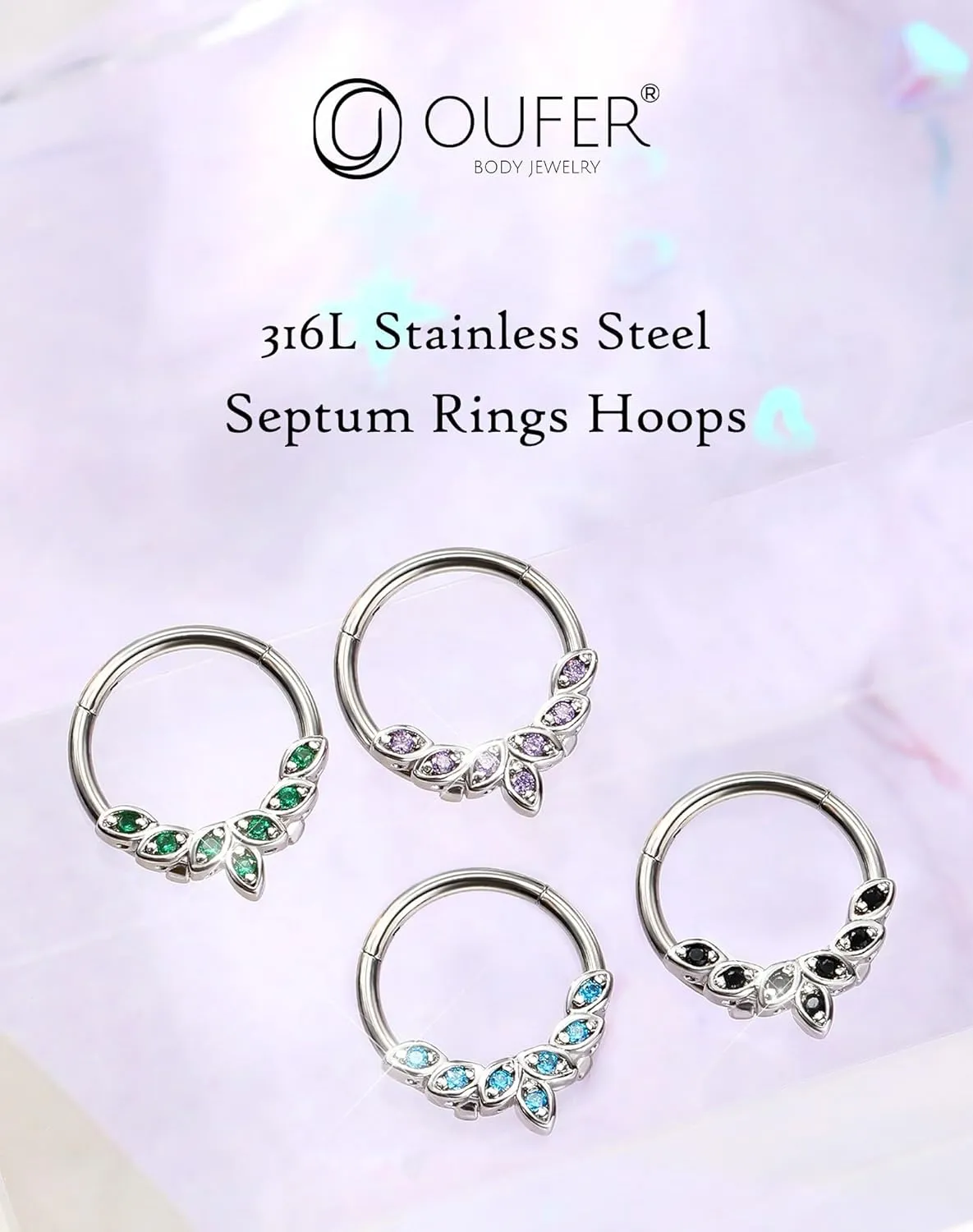 OUFER Septum Rings 16G, 316L Stainless Steel Septum Rings Hoops, Cluster CZ Hinged Segment Daith Helix Piercing Jewelry For Women And Men
