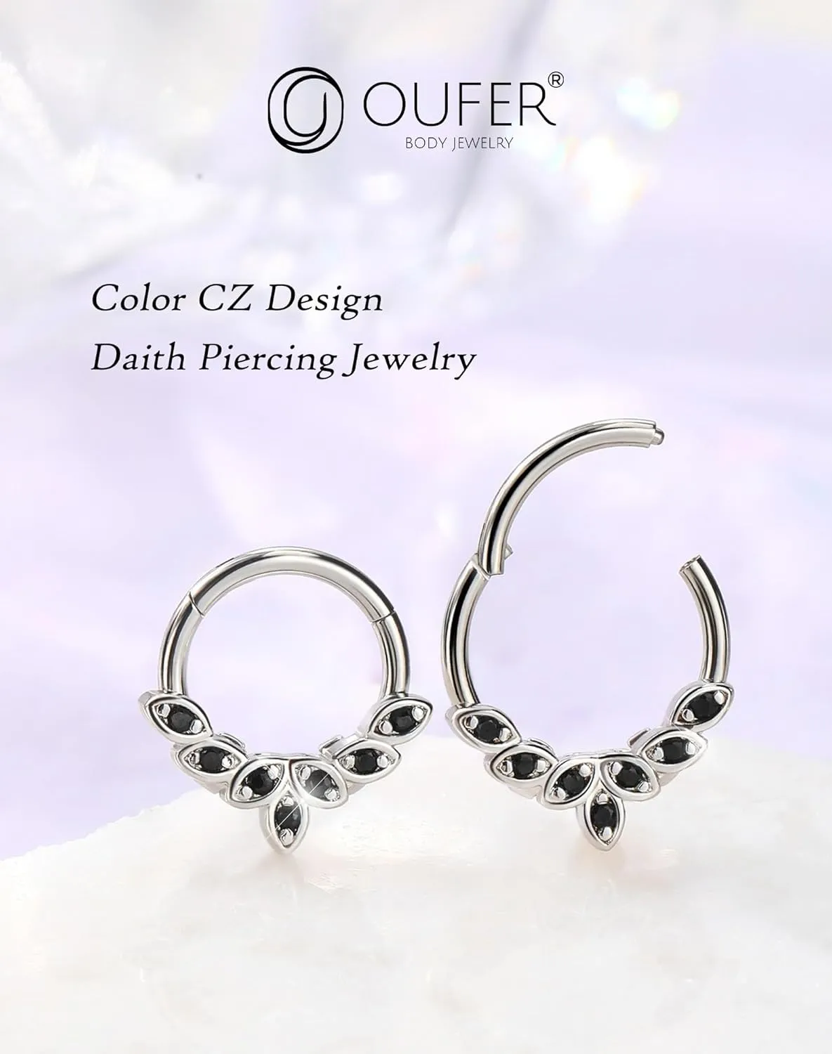 OUFER Septum Rings 16G, 316L Stainless Steel Septum Rings Hoops, Cluster CZ Hinged Segment Daith Helix Piercing Jewelry For Women And Men