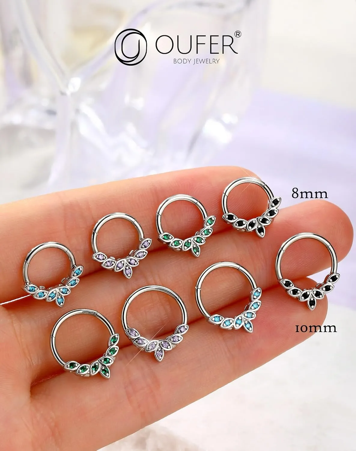 OUFER Septum Rings 16G, 316L Stainless Steel Septum Rings Hoops, Cluster CZ Hinged Segment Daith Helix Piercing Jewelry For Women And Men