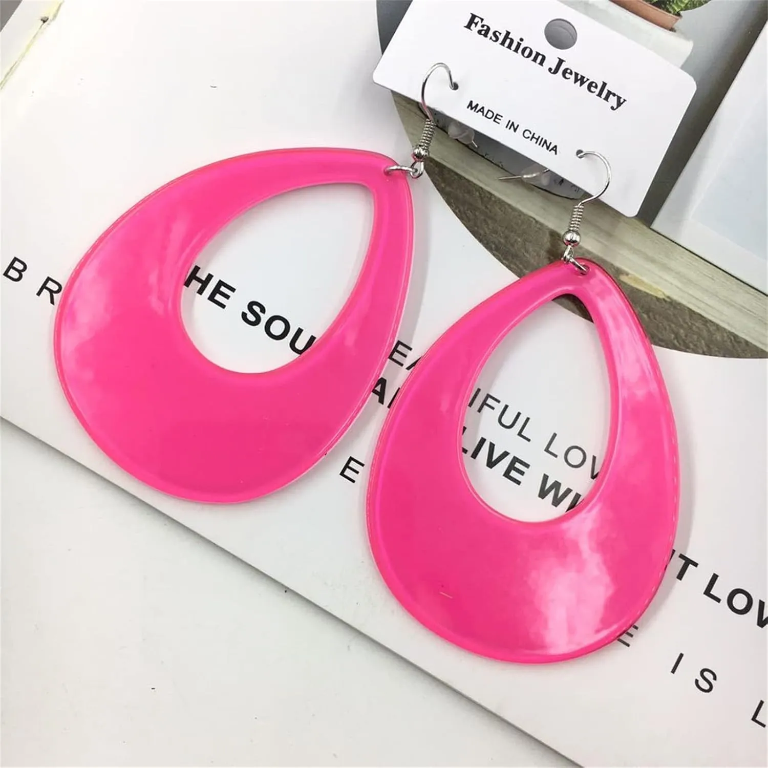 Oval Neon Earrings for Women Unique Retro Acrylic Lightweight 70s 80s 90s Teardrop Hollow Dangle Drop Statement Earrings 1980's Halloween Outfit Party Costume Accessories