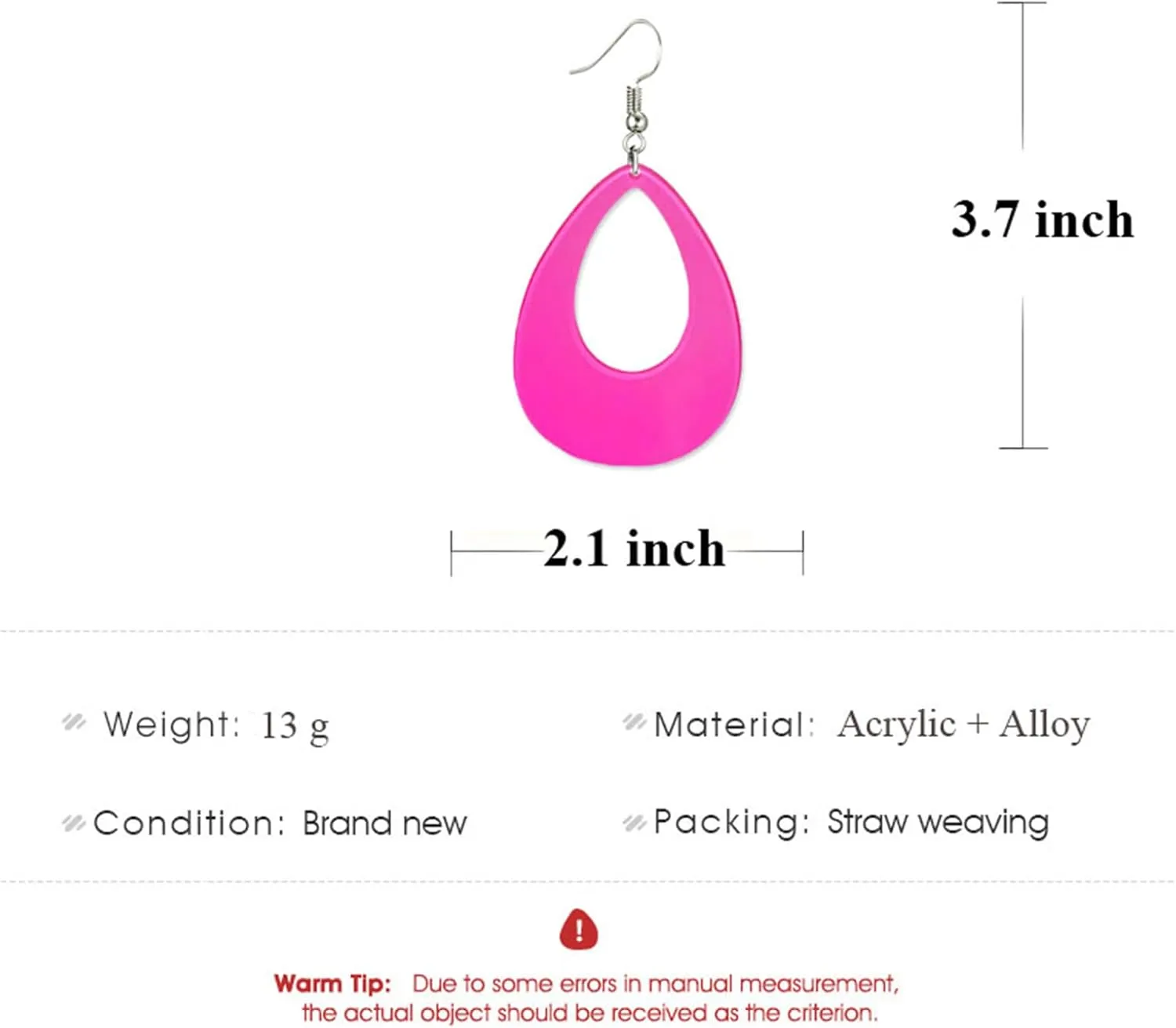 Oval Neon Earrings for Women Unique Retro Acrylic Lightweight 70s 80s 90s Teardrop Hollow Dangle Drop Statement Earrings 1980's Halloween Outfit Party Costume Accessories