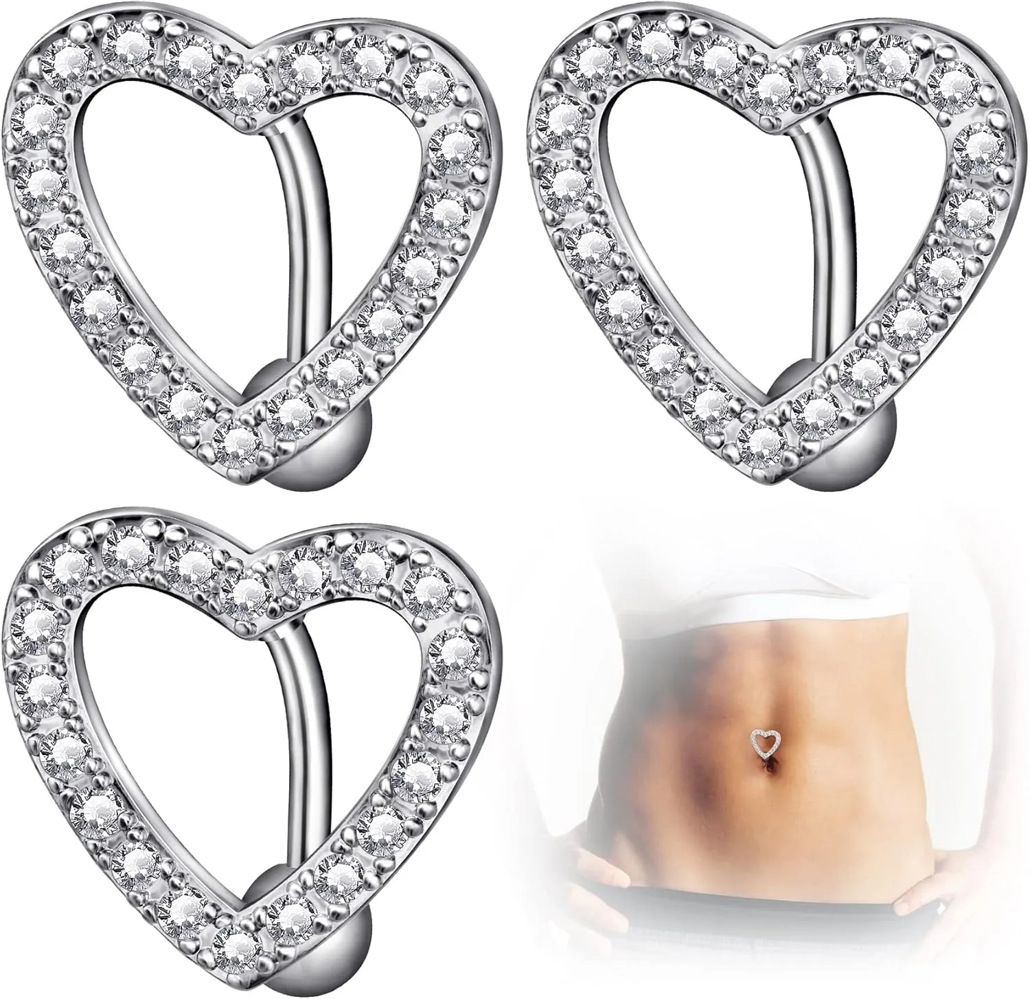 PAGOW 3Pcs Heart Belly Button Rings, Hypoallergenic Surgical Steel Belly Rings, 14G Pave CZ Crystal Rhinestone Reverse Hinged Top Down Belly Button Rings for Woman