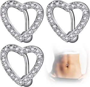 PAGOW 3Pcs Heart Belly Button Rings, Hypoallergenic Surgical Steel Belly Rings, 14G Pave CZ Crystal Rhinestone Reverse Hinged Top Down Belly Button Rings for Woman