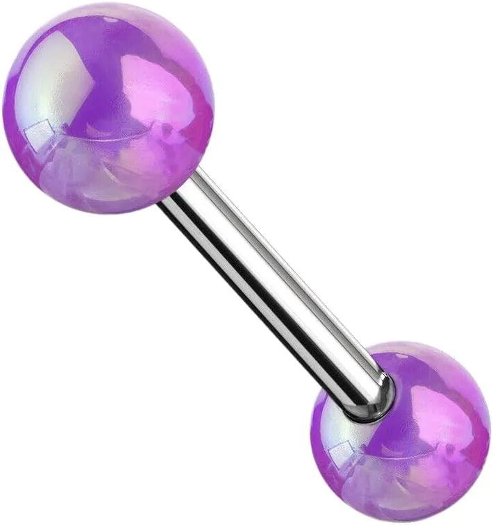 Pair of Metallic AB Coating Ball On Surgical Steel Barbells Tongue Rings Purple Body Unique Jewelry Delicate Design Piercing Steel Surgical For Women