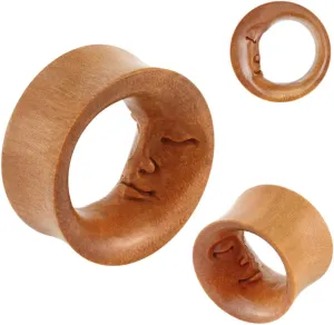 Pair of Moon Face Hand Carved Saddle Fit Sawo Wood Tunnel Ear Plugs 1" (25 mm) Body Unique Jewelry Delicate Design Piercing Steel Surgical For Women