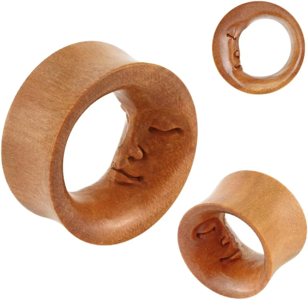 Pair of Moon Face Hand Carved Saddle Fit Sawo Wood Tunnel Ear Plugs 1" (25 mm) Body Unique Jewelry Delicate Design Piercing Steel Surgical For Women