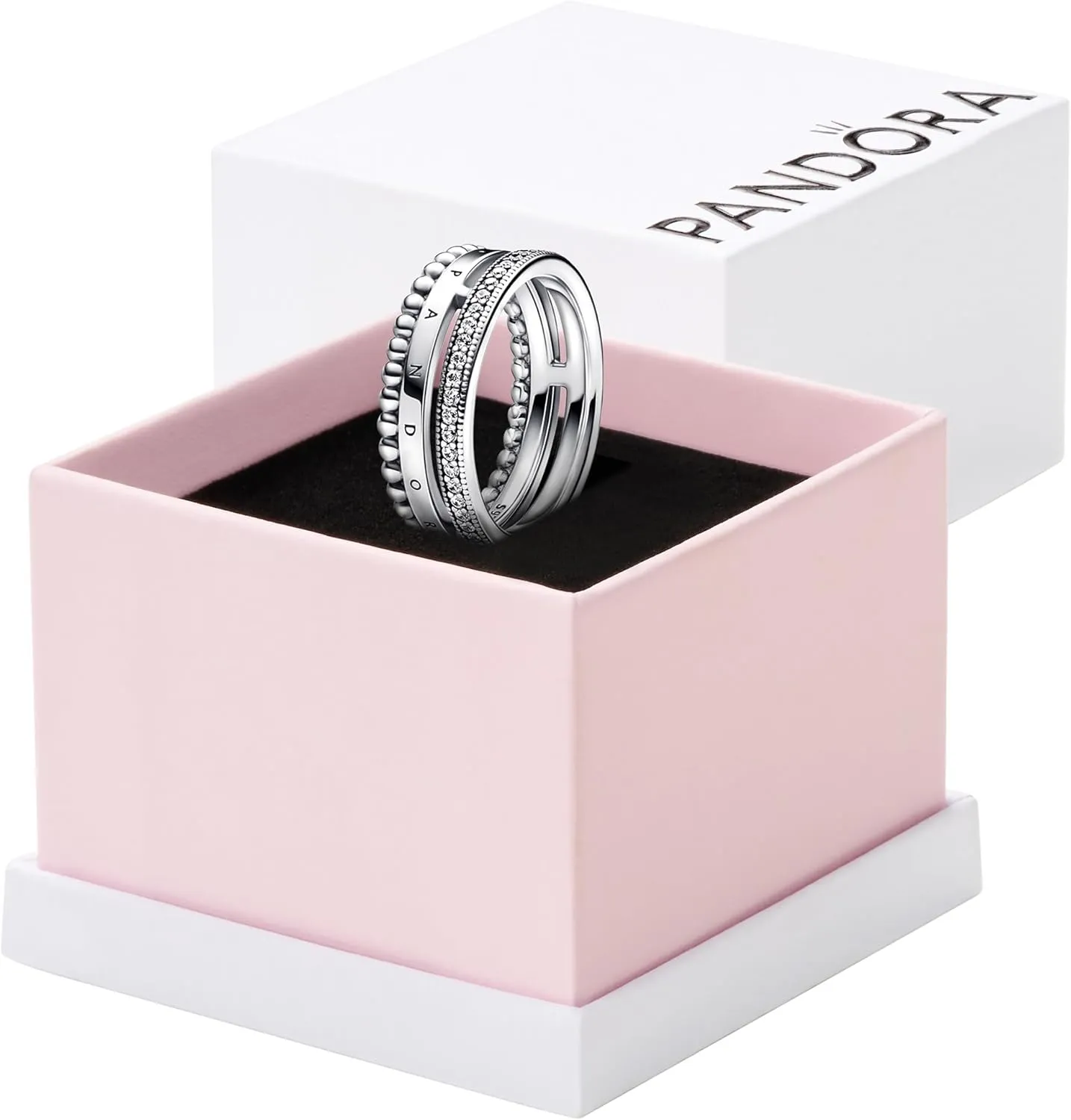 PANDORA Signature Logo Pav & Beads Ring - Layering or Stackable Ring - Sterling Silver Ring with Clear Cubic Zirconia - Gift for Her - Jewelry for Women with Gift Box