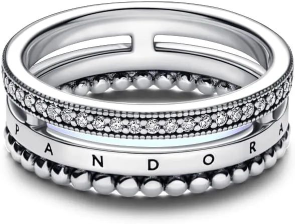 PANDORA Signature Logo Pav & Beads Ring - Layering or Stackable Ring - Sterling Silver Ring with Clear Cubic Zirconia - Gift for Her - Jewelry for Women with Gift Box
