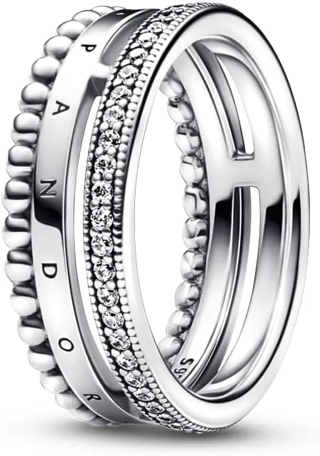 PANDORA Signature Logo Pav & Beads Ring - Layering or Stackable Ring - Sterling Silver Ring with Clear Cubic Zirconia - Gift for Her - Jewelry for Women with Gift Box