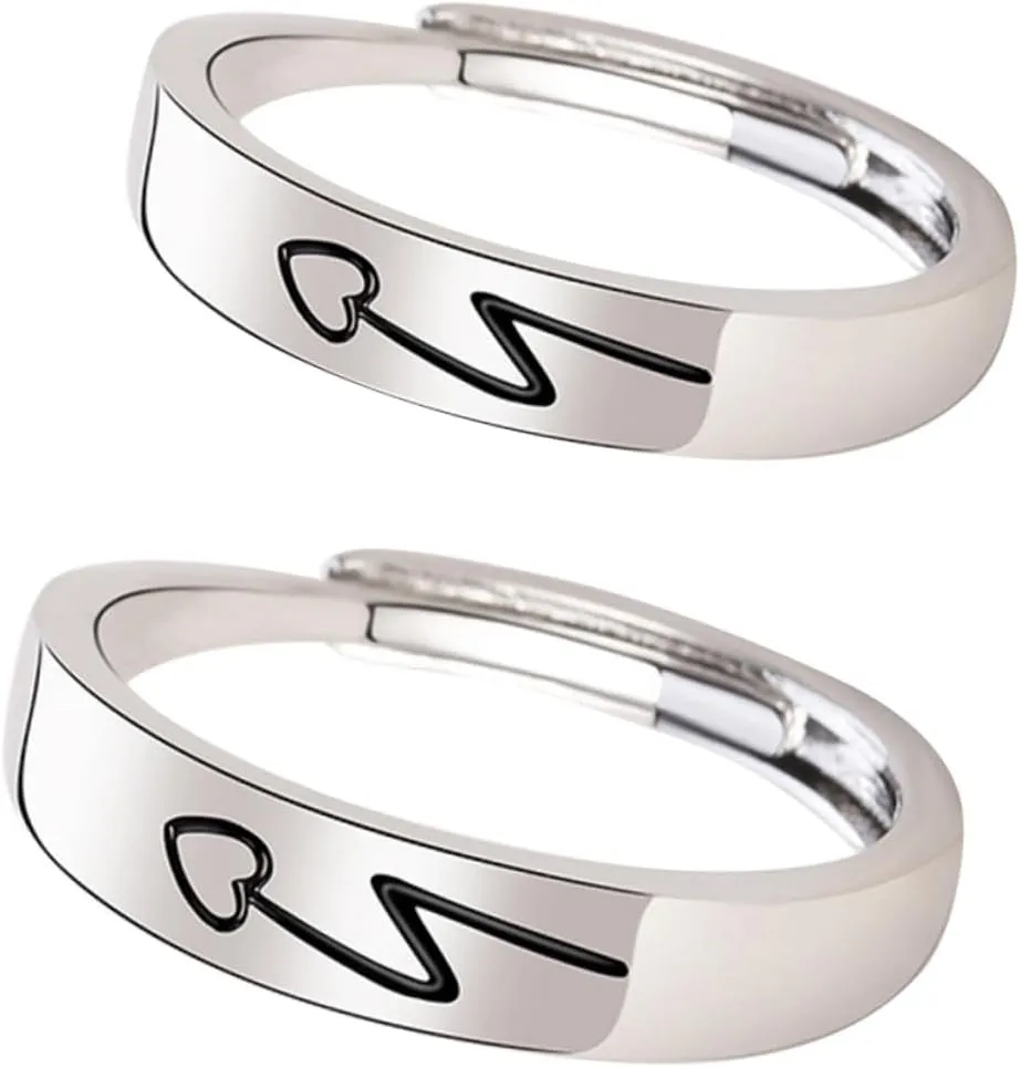 PartyKindom Valentine's Day Ring Set 2pcs Couples Heart Rings for Women Men Adjustable Finger Jewelry