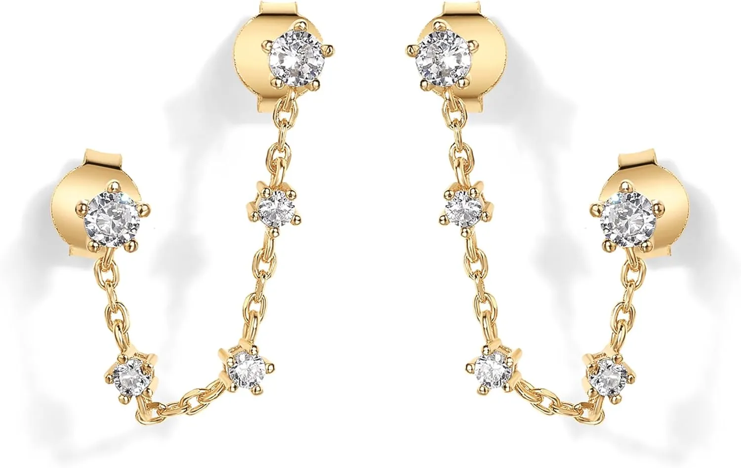 PAVOI 14K Gold Plated Delicate CZ Chain Earrings for Women - Double Piercing Dangle Chain Studs - Cubic Zirconia Earscapes