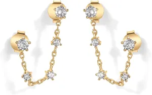 PAVOI 14K Gold Plated Delicate CZ Chain Earrings for Women - Double Piercing Dangle Chain Studs - Cubic Zirconia Earscapes