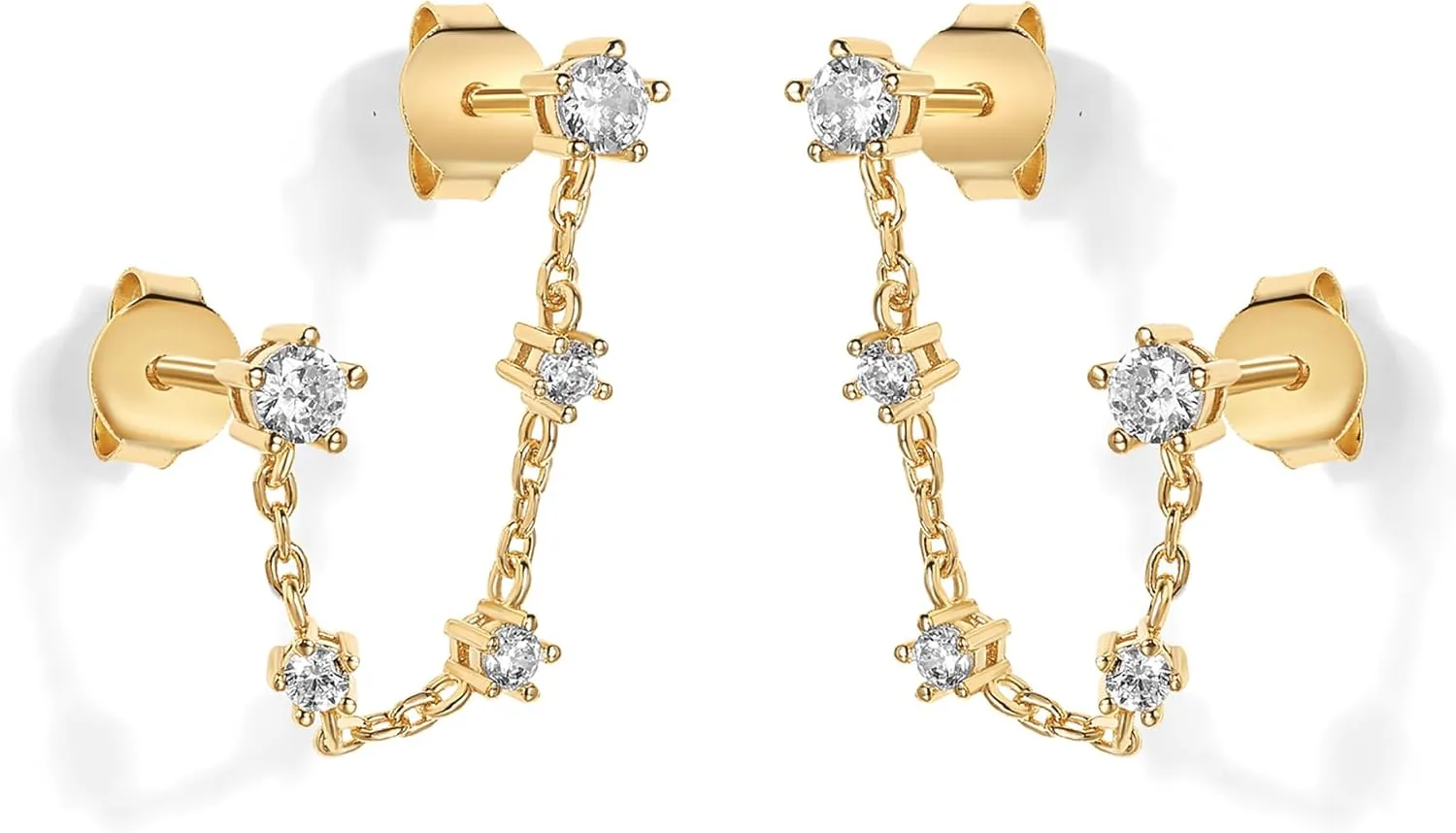 PAVOI 14K Gold Plated Delicate CZ Chain Earrings for Women - Double Piercing Dangle Chain Studs - Cubic Zirconia Earscapes