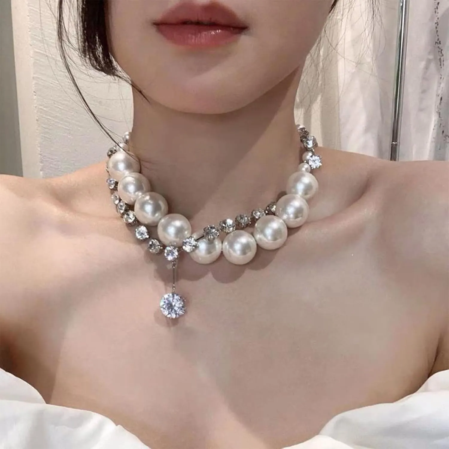 Pearl Necklaces for Women Chunky Pearl Necklace Big Pearl Necklace Statement Necklace Trendy Wedding Party Prom Jewelry for Birde Bridesmaid Accessories