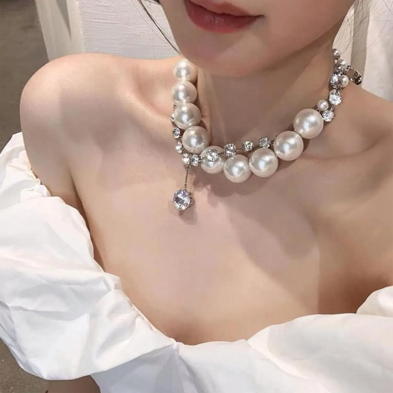 Pearl Necklaces for Women Chunky Pearl Necklace Big Pearl Necklace Statement Necklace Trendy Wedding Party Prom Jewelry for Birde Bridesmaid Accessories