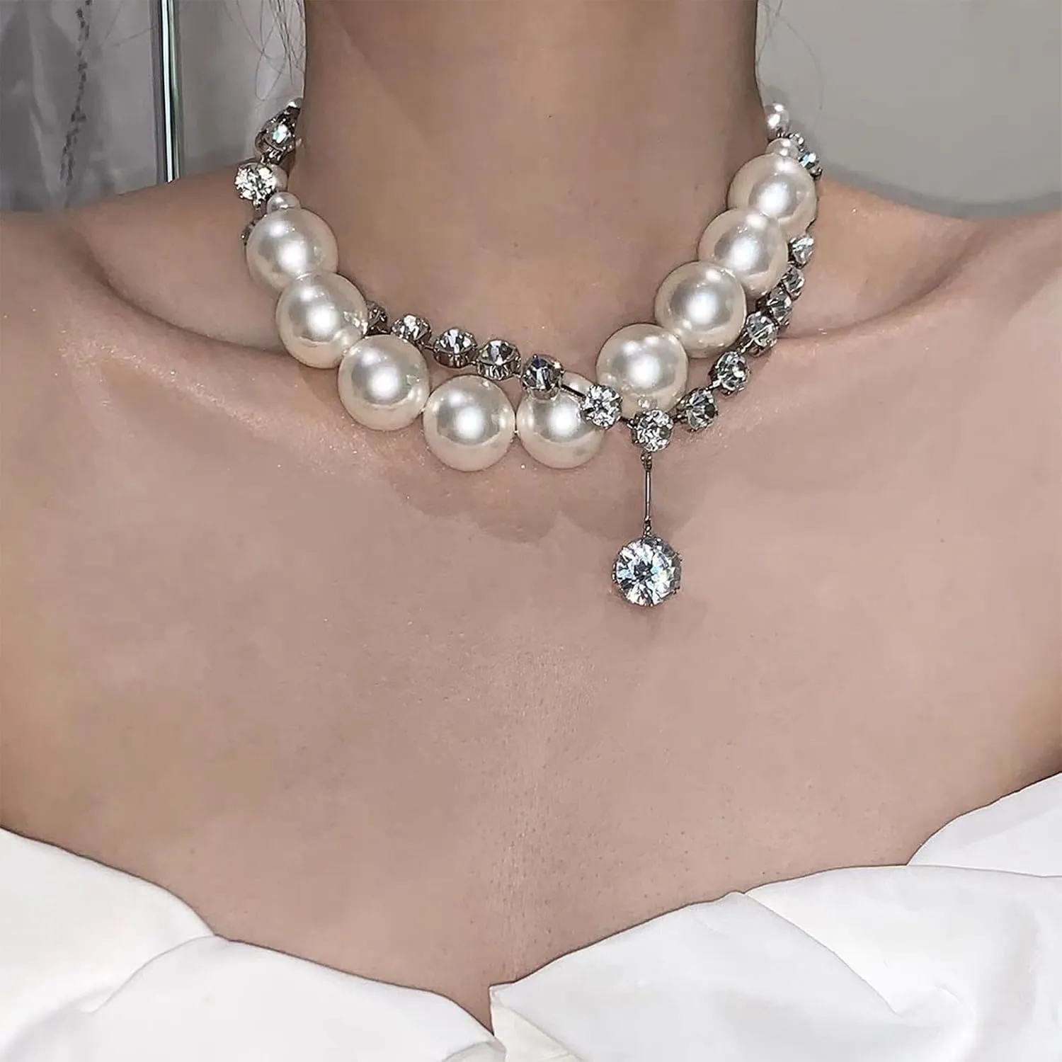 Pearl Necklaces for Women Chunky Pearl Necklace Big Pearl Necklace Statement Necklace Trendy Wedding Party Prom Jewelry for Birde Bridesmaid Accessories